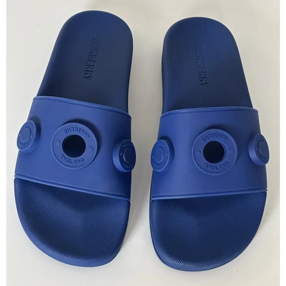 NIB $420 Burberry Eyelet Men’s Furley Royal Blue Slide Sandals 10 US 8049674 IT